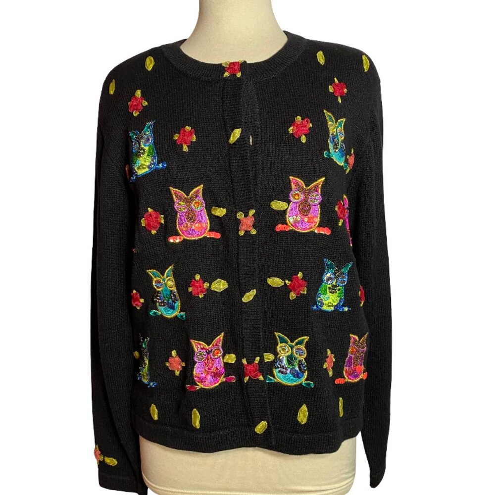 Colorful Owl Embroidered Black Cardigan